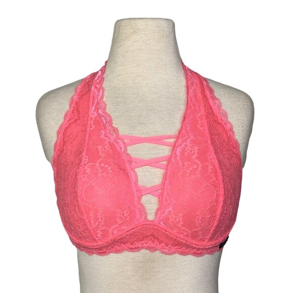 Bebe Intimates Coral Lace Halter Neck Crisscross Details Bralette Size M NEW! - Picture 1 of 11
